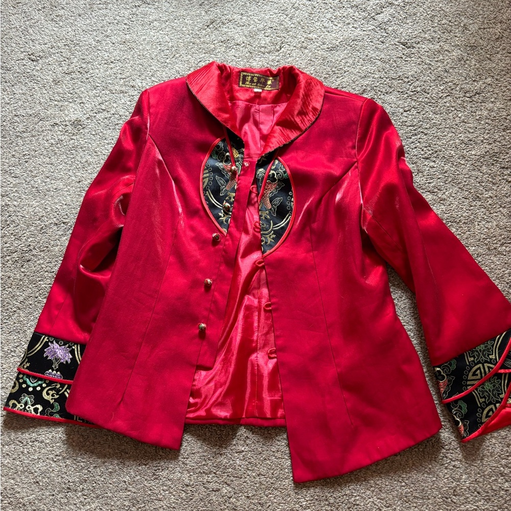 Elegant Red Women's Jacket with Embroidered Details